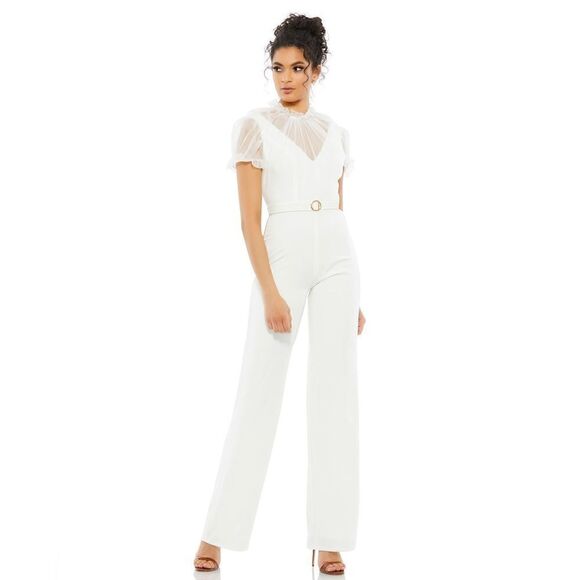 Mac Duggal NWT BELTED ILLUSION HIGH NECK CAP SLEEVE JUMPSUIT White Size 12 26621 - Picture 2 of 7